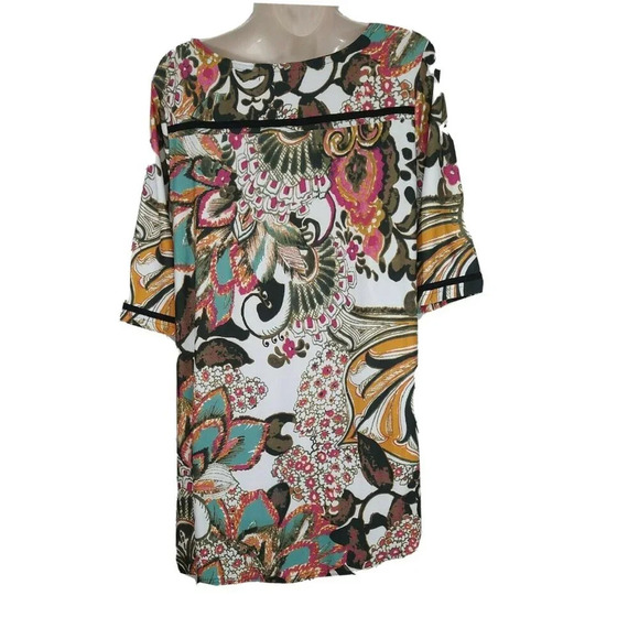 Mishca Asymmetric Tunic Top Women Size L Multicolor Short Sleeve PeekABoo Chest - Picture 6 of 8